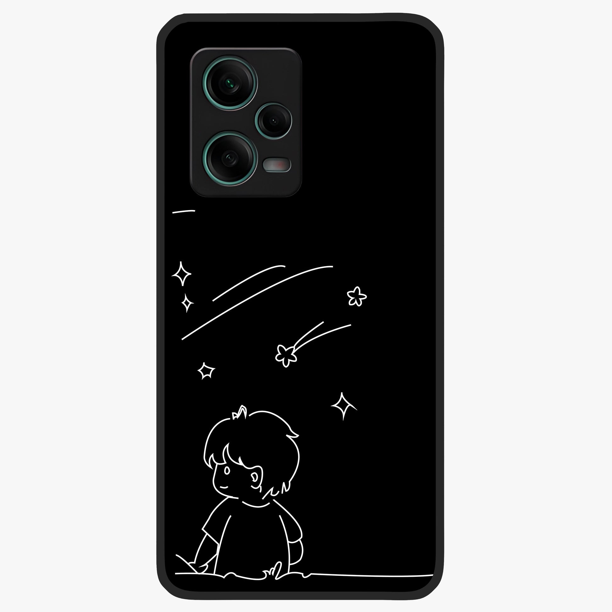 Line Art Boy With Shooting Stars Glass Case showing flat back view with minimal line art boy and shooting stars illustration and glossy glass finish.