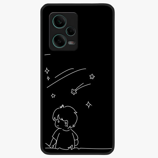 Line Art Boy With Shooting Stars Glass Case showing flat back view with minimal line art boy and shooting stars illustration and glossy glass finish.