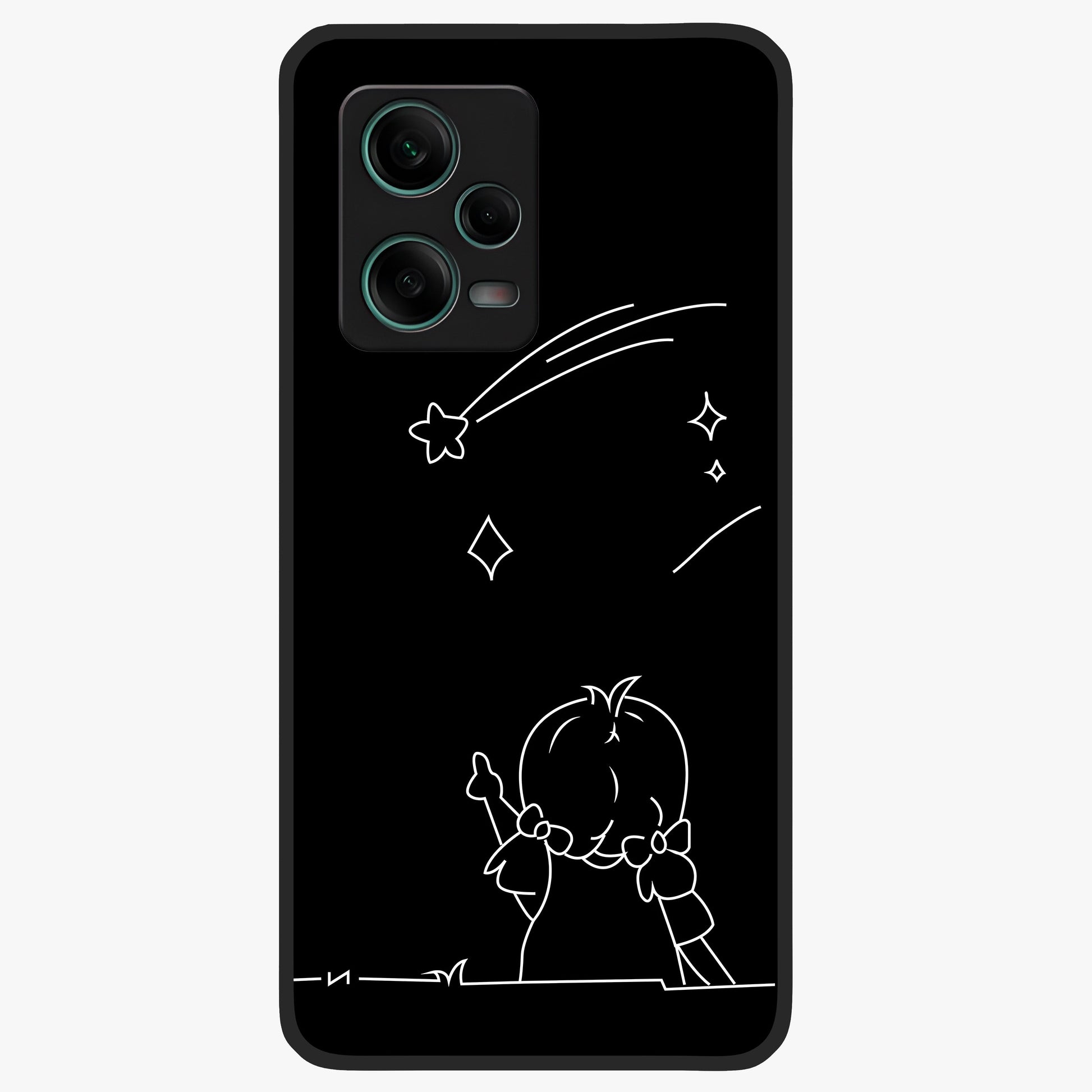 Line Art Girl With Shooting Stars Glass Case showing flat back view with minimal line art girl and shooting stars illustration and glossy glass finish.