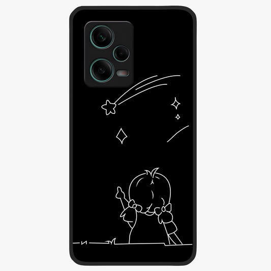 Line Art Girl With Shooting Stars Glass Case showing flat back view with minimal line art girl and shooting stars illustration and glossy glass finish.