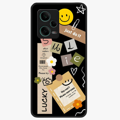 Lucky Aesthetic Collage Glass Case showing flat back view with trendy aesthetic collage artwork and glossy glass finish.