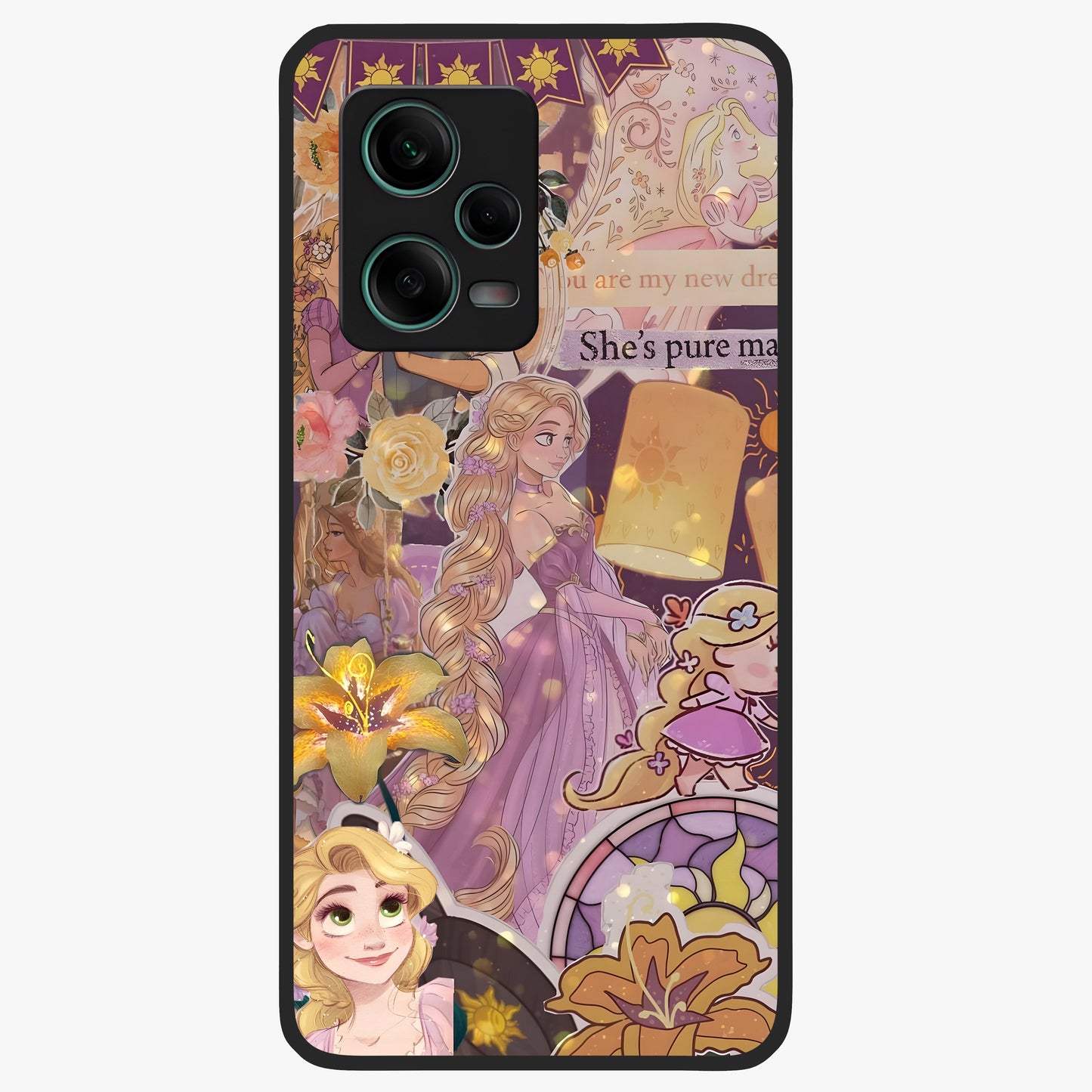 Magical Tangled Dream Glass Case showing flat back view with dreamy tangled artwork and glossy glass finish.