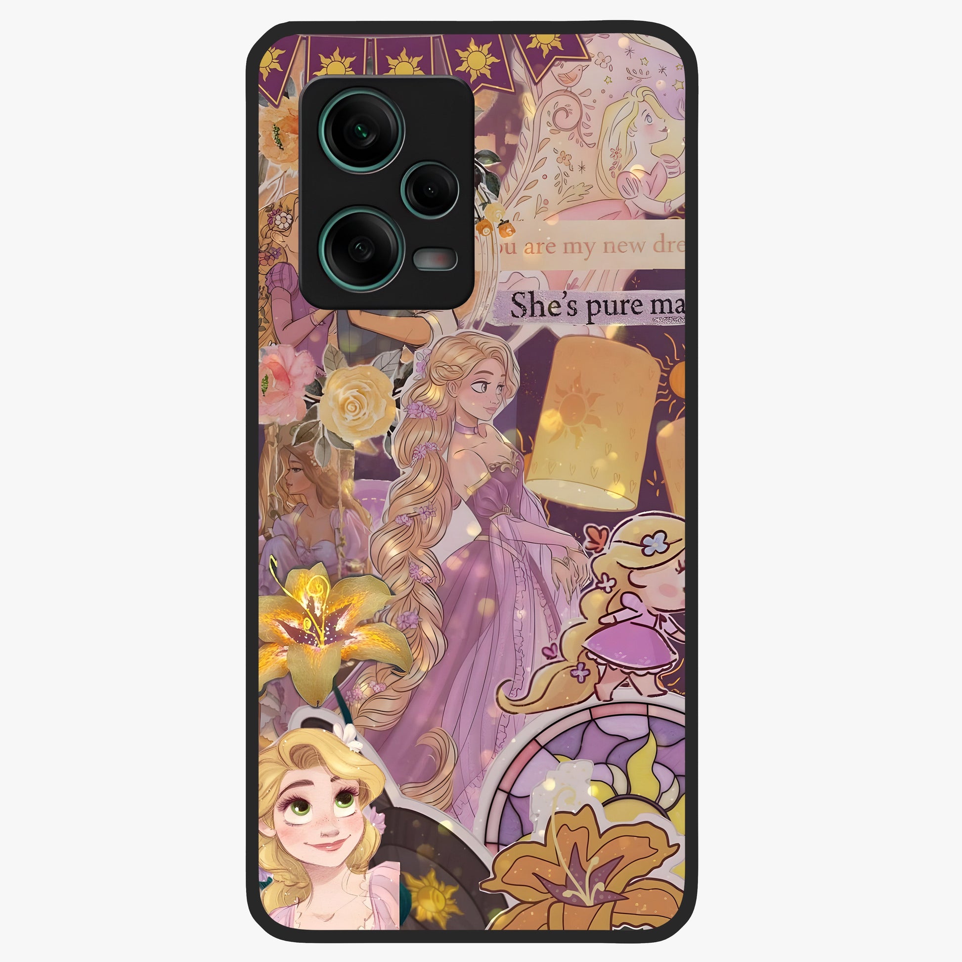 Magical Tangled Dream Glass Case showing flat back view with dreamy tangled artwork and glossy glass finish.