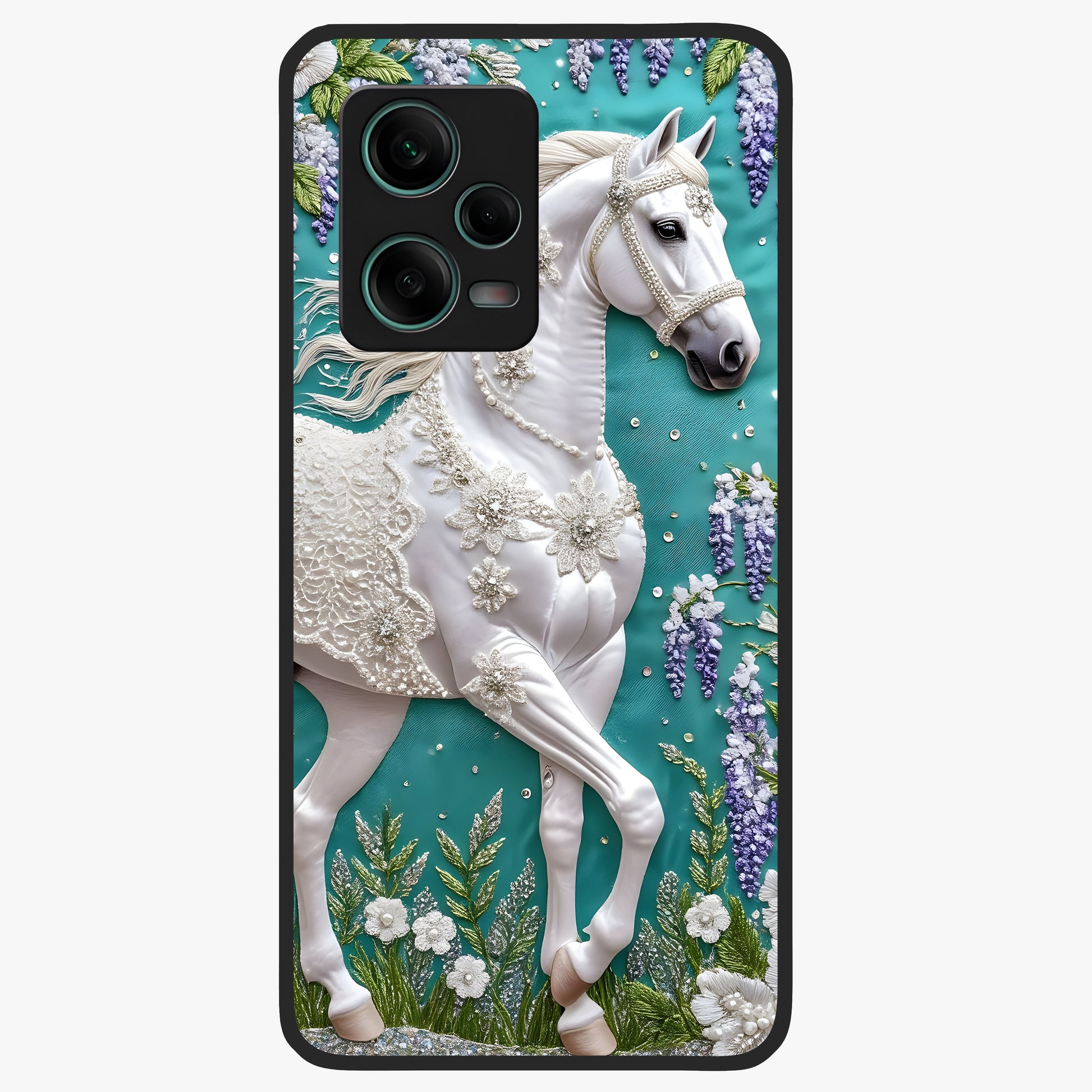 Majestic Floral Stallion Glass Case showing flat back view with powerful horse and floral artwork and glossy glass finish.