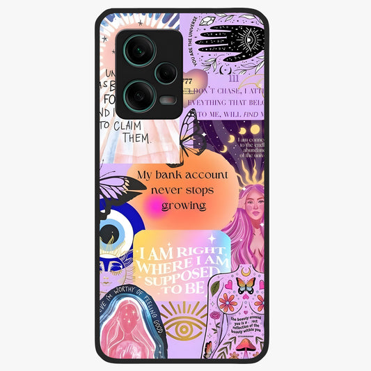 Manifestation Collage Glass Case showing flat back view with motivational collage artwork and glossy glass finish.