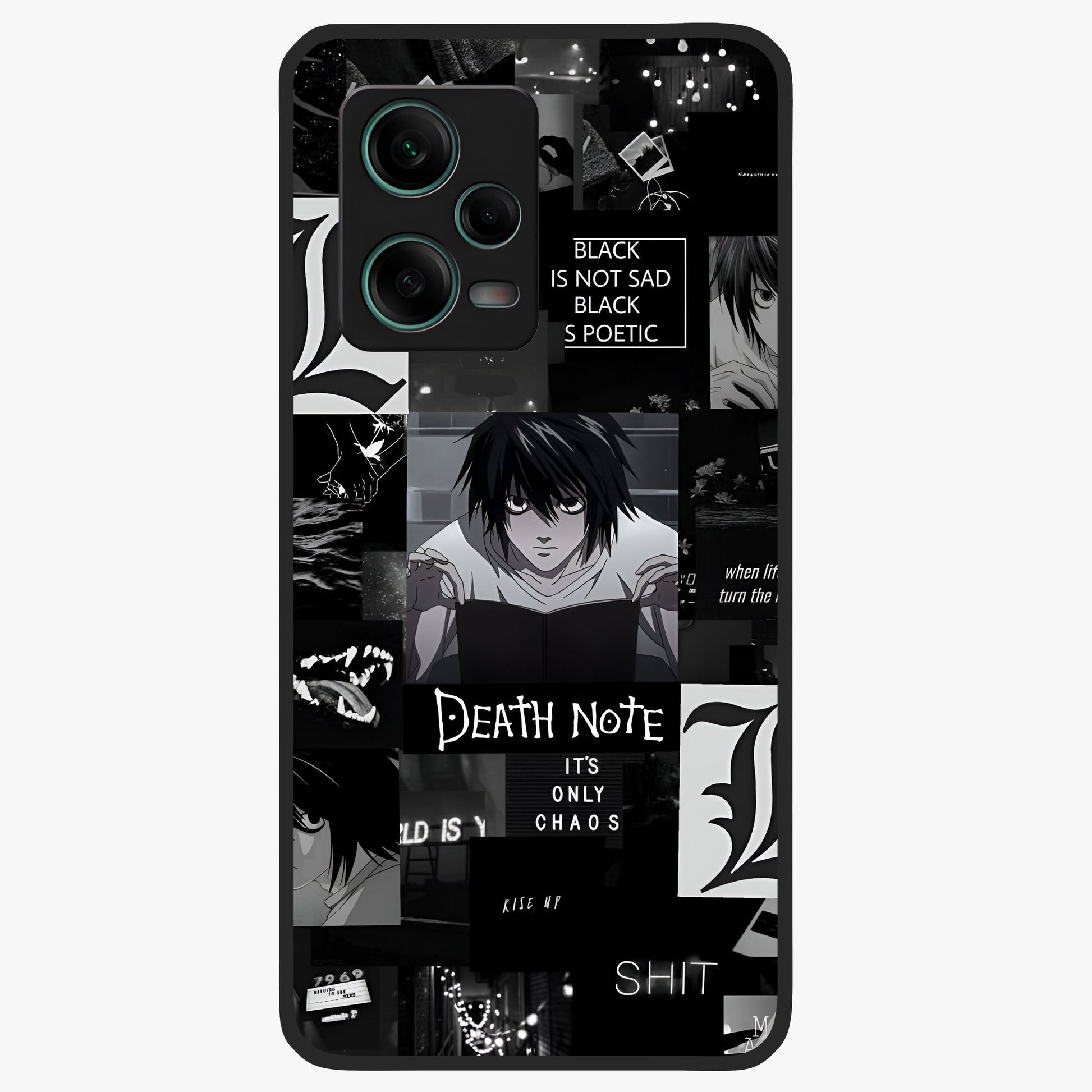 Midnight Chaos Mind Glass Case showing flat back view with abstract dark themed artwork and glossy glass finish.