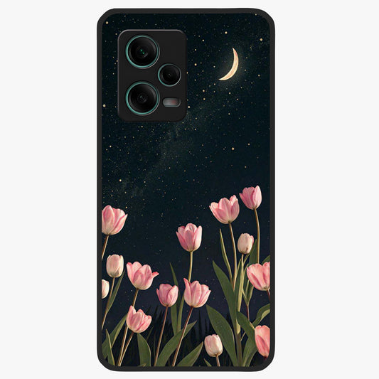 Midnight Tulip Whispers Vibe Glass Case showing flat back view with elegant tulip flower artwork and glossy glass finish.
