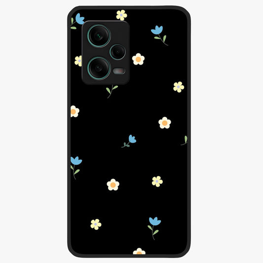 Minimalistic Blue With White Flower Pattern Glass Case showing flat back view with blue background and white flower pattern and glossy glass finish.