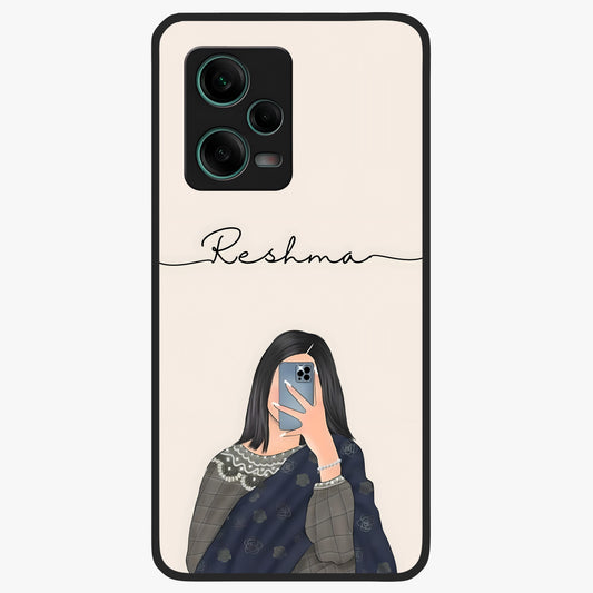 Mirror Mood Muse With Custom Name Glass Case showing flat back view with stylish mirrored artwork and personalized name design.