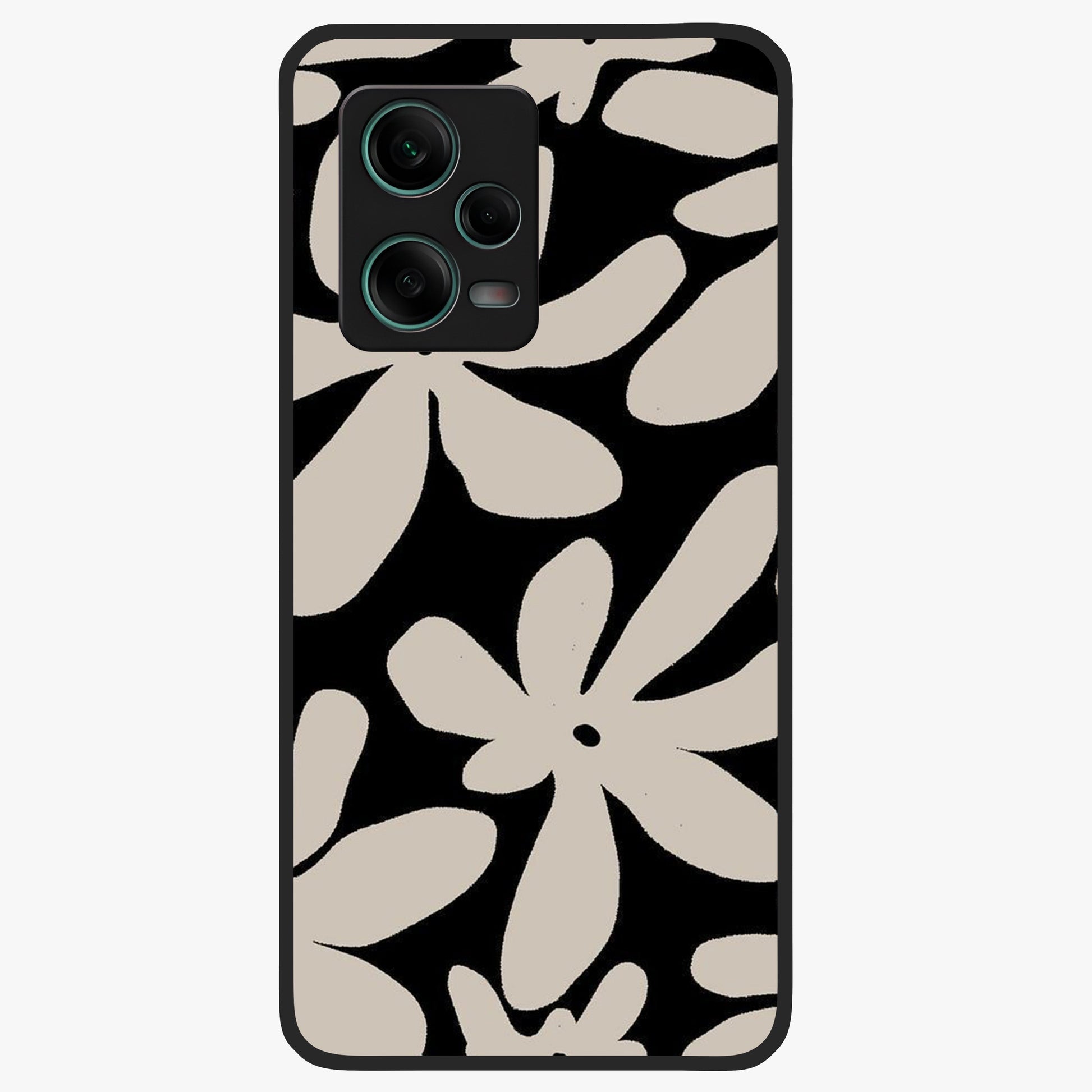 Monochrome Petal Dance Glass Case showing flat back view with monochrome floral artwork and glossy glass finish.