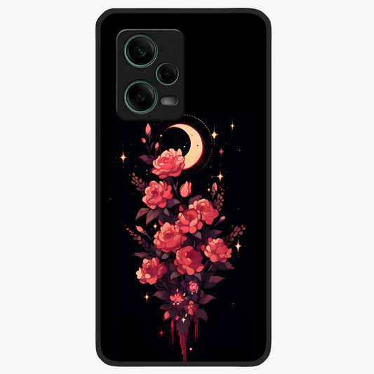 Moonlit Floral Elegance Glass Case showing flat back view with elegant floral artwork under moonlit tones and glossy glass finish.