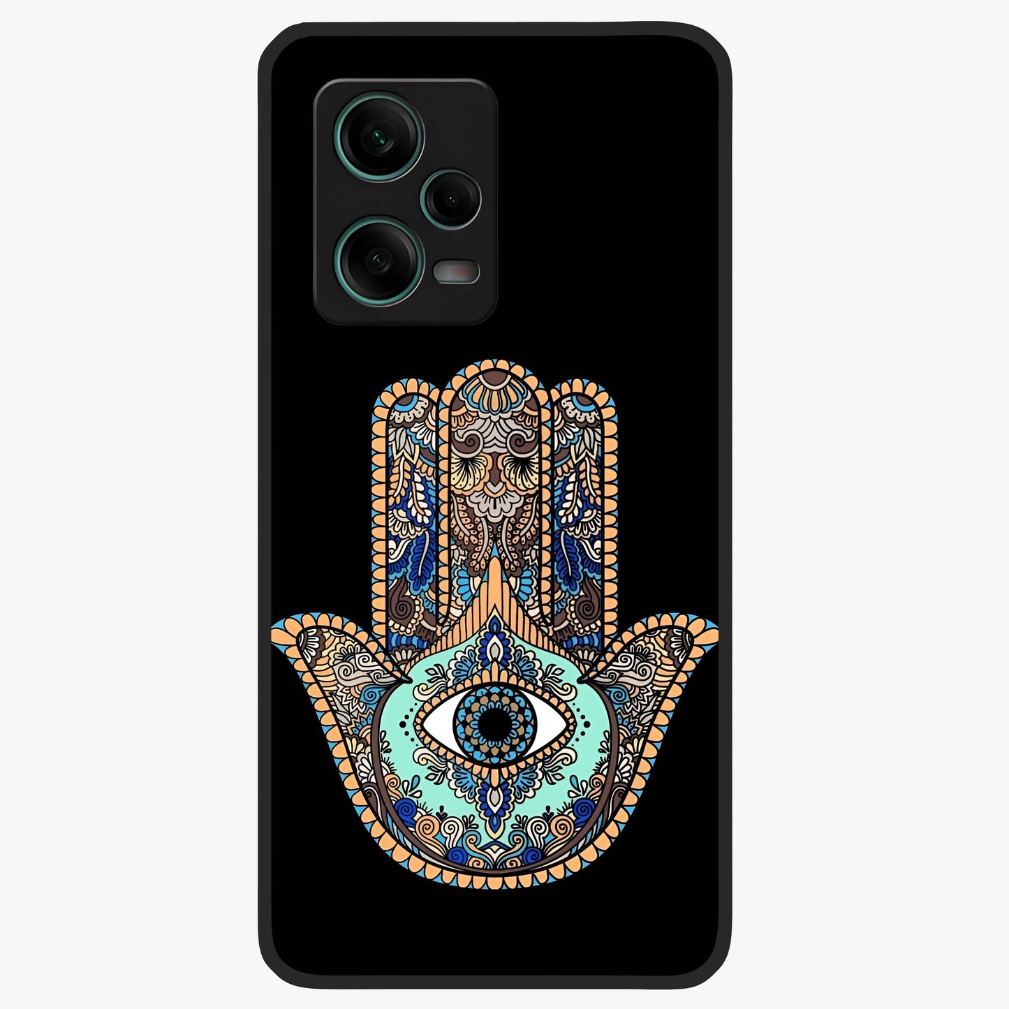 Mystic Hamsa Eye Glass Case showing flat back view with protective hamsa hand and evil eye artwork and glossy glass finish.