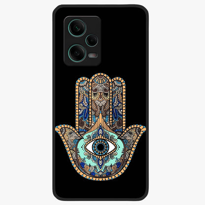 Mystic Hamsa Eye Glass Case showing flat back view with protective hamsa hand and evil eye artwork and glossy glass finish.