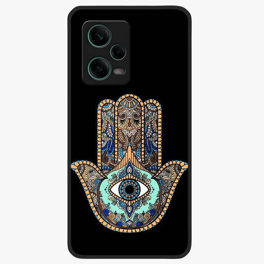 Mystic Hamsa Eye Glass Case showing flat back view with protective hamsa hand and evil eye artwork and glossy glass finish.