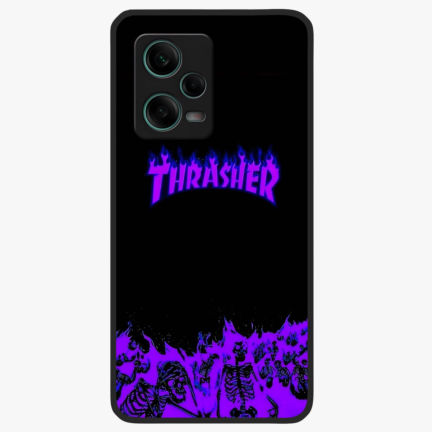 Neon Flame Riot Glass Case showing flat back view with neon flame artwork and glossy glass finish.