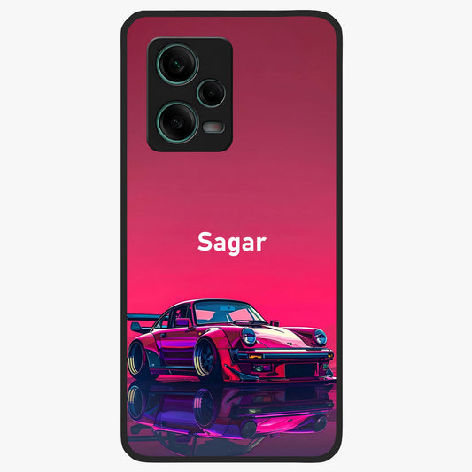 Neon Pink Porsche Glass Case showing flat back view with stylish sports car artwork and glossy glass finish.