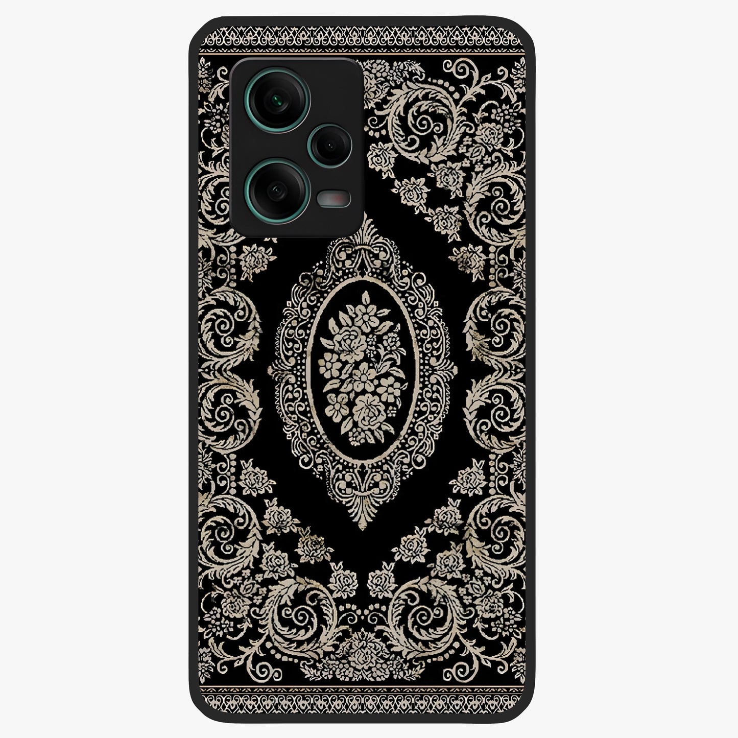 Noir Bloom Elegance Glass Case showing flat back view with elegant dark floral artwork and glossy glass finish.