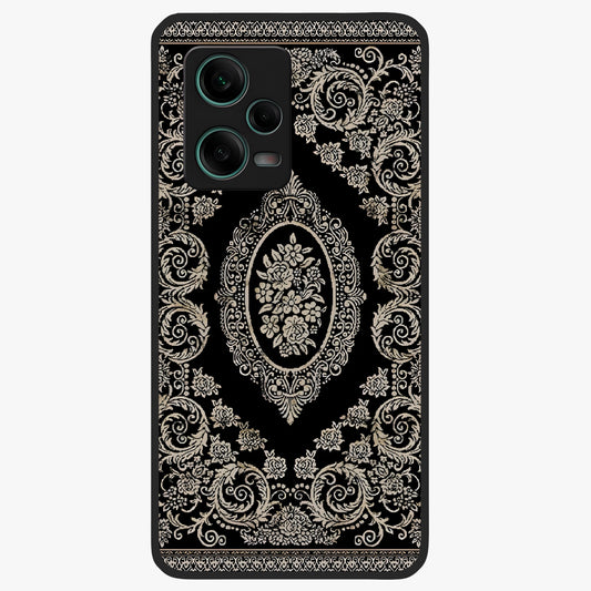 Noir Bloom Elegance Glass Case showing flat back view with elegant dark floral artwork and glossy glass finish.