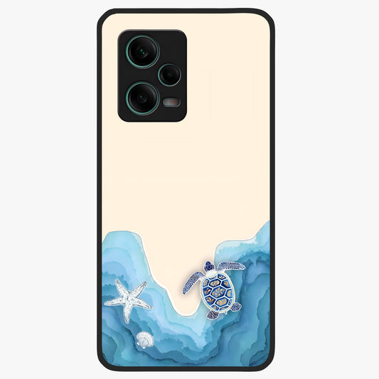 Ocean Drift Turtle Glass Case showing flat back view with sea turtle artwork and glossy glass finish.