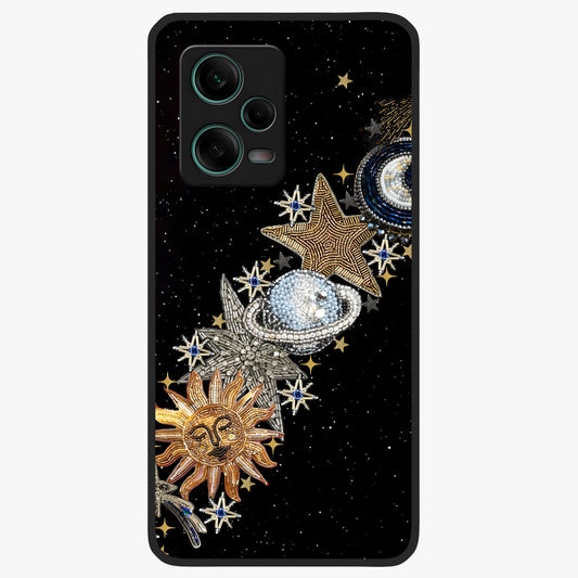 Pearls Universe Object Glass Case showing flat back view with pearl inspired cosmic artwork and glossy glass finish.