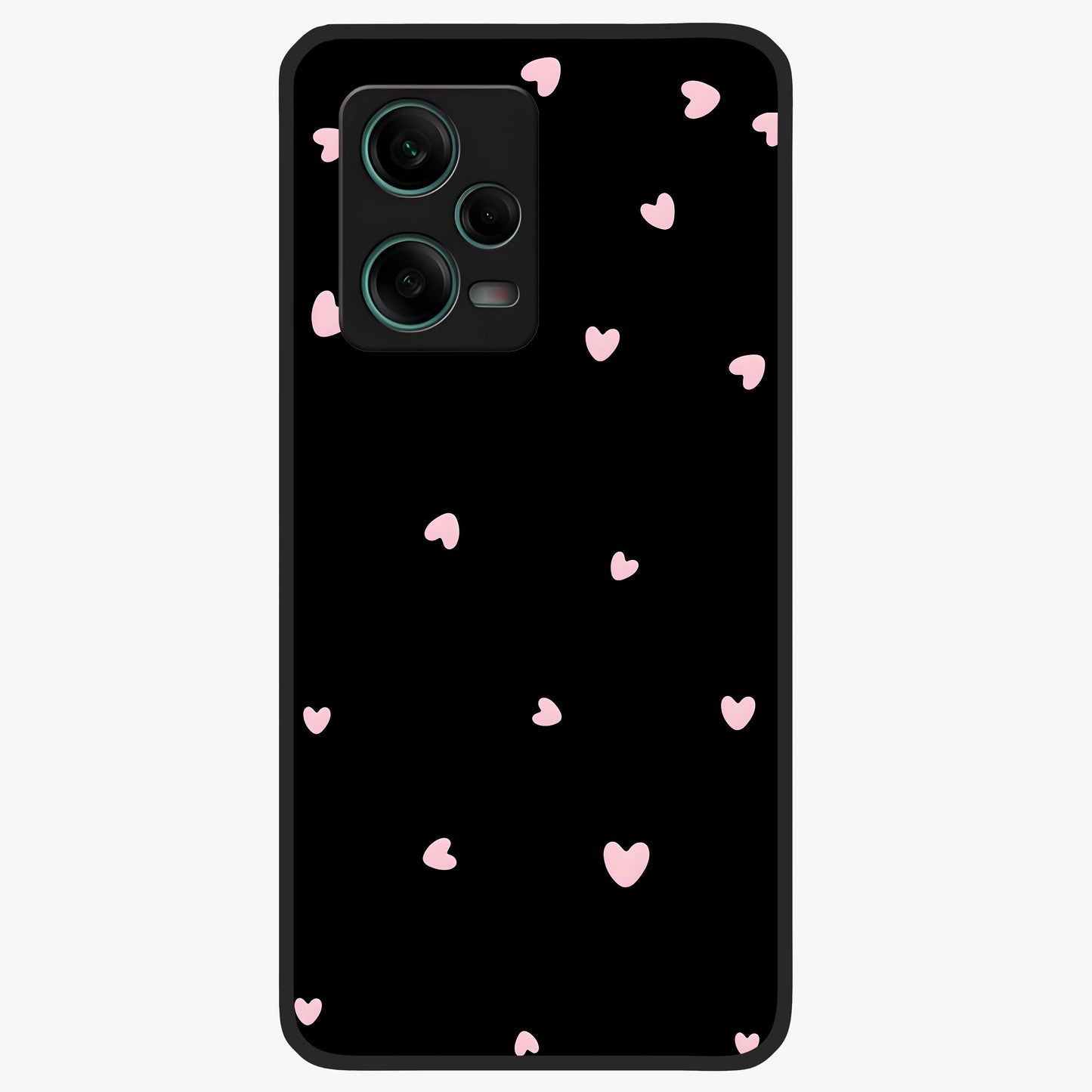 Pink Love Drops Glass Case showing flat back view with playful pink heart drops artwork and glossy glass finish.