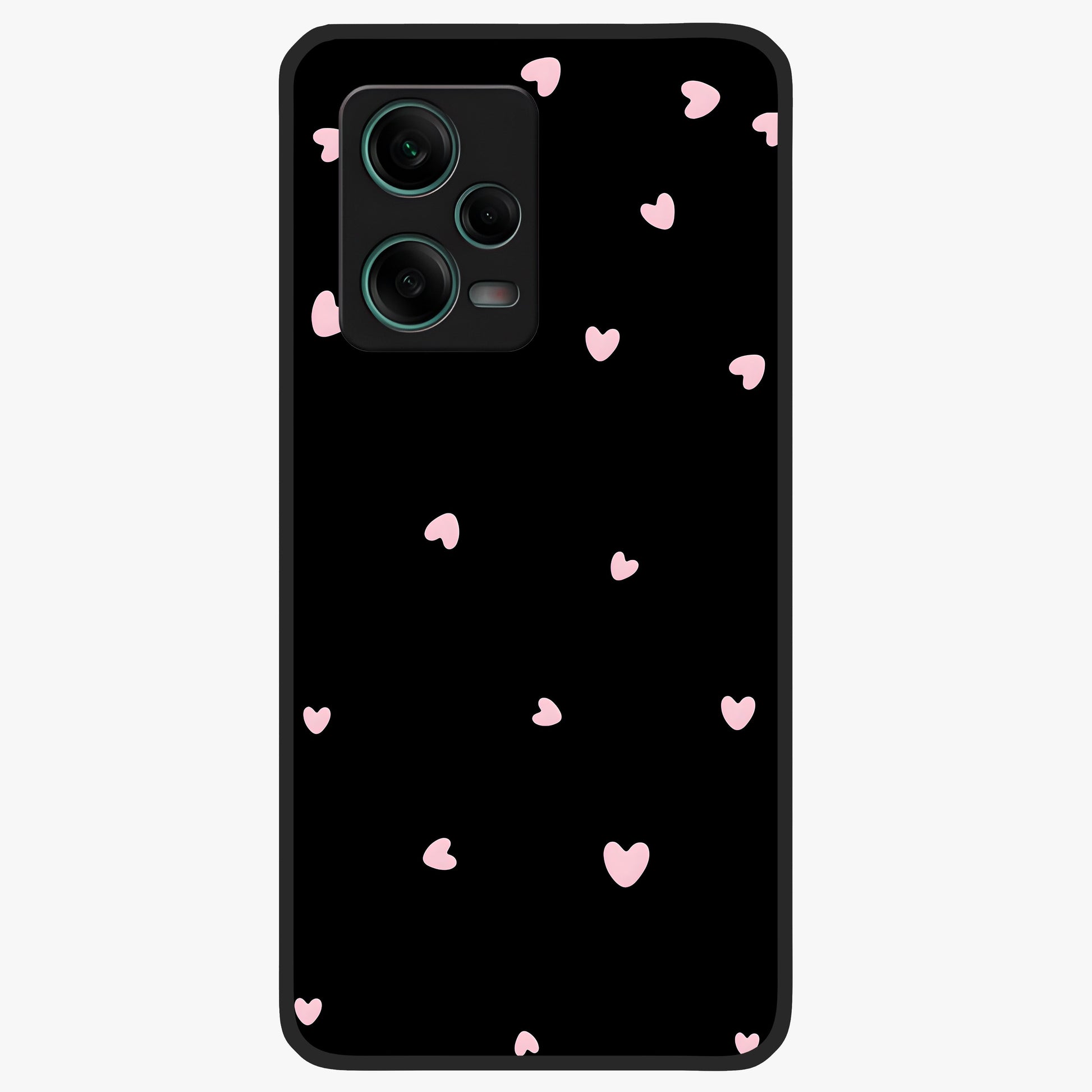 Pink Love Drops Glass Case showing flat back view with playful pink heart drops artwork and glossy glass finish.