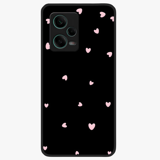 Pink Love Drops Glass Case showing flat back view with playful pink heart drops artwork and glossy glass finish.