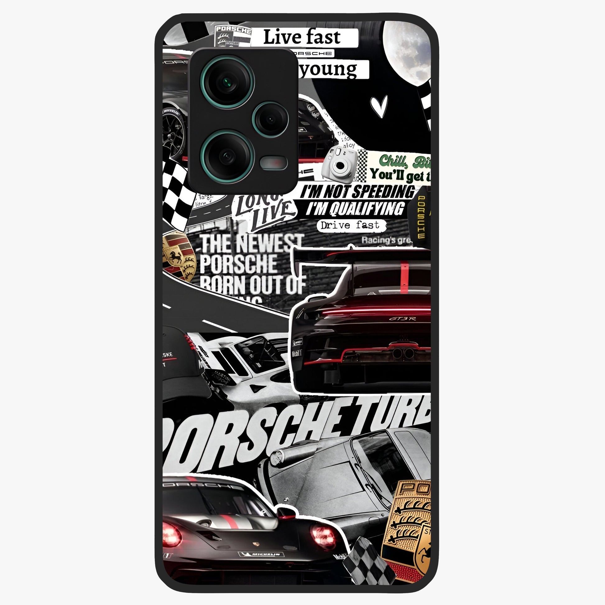 Porsche Racing Collage Glass Case showing flat back view with sports car racing collage artwork and glossy glass finish.