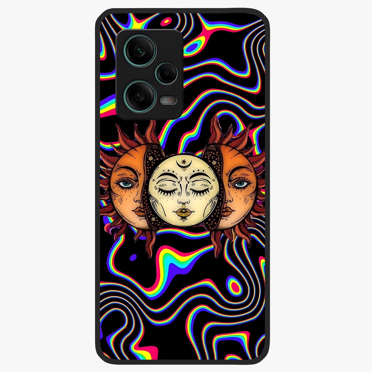 Psychedelic Sun Glass Case showing flat back view with colorful psychedelic sun artwork and glossy glass finish.