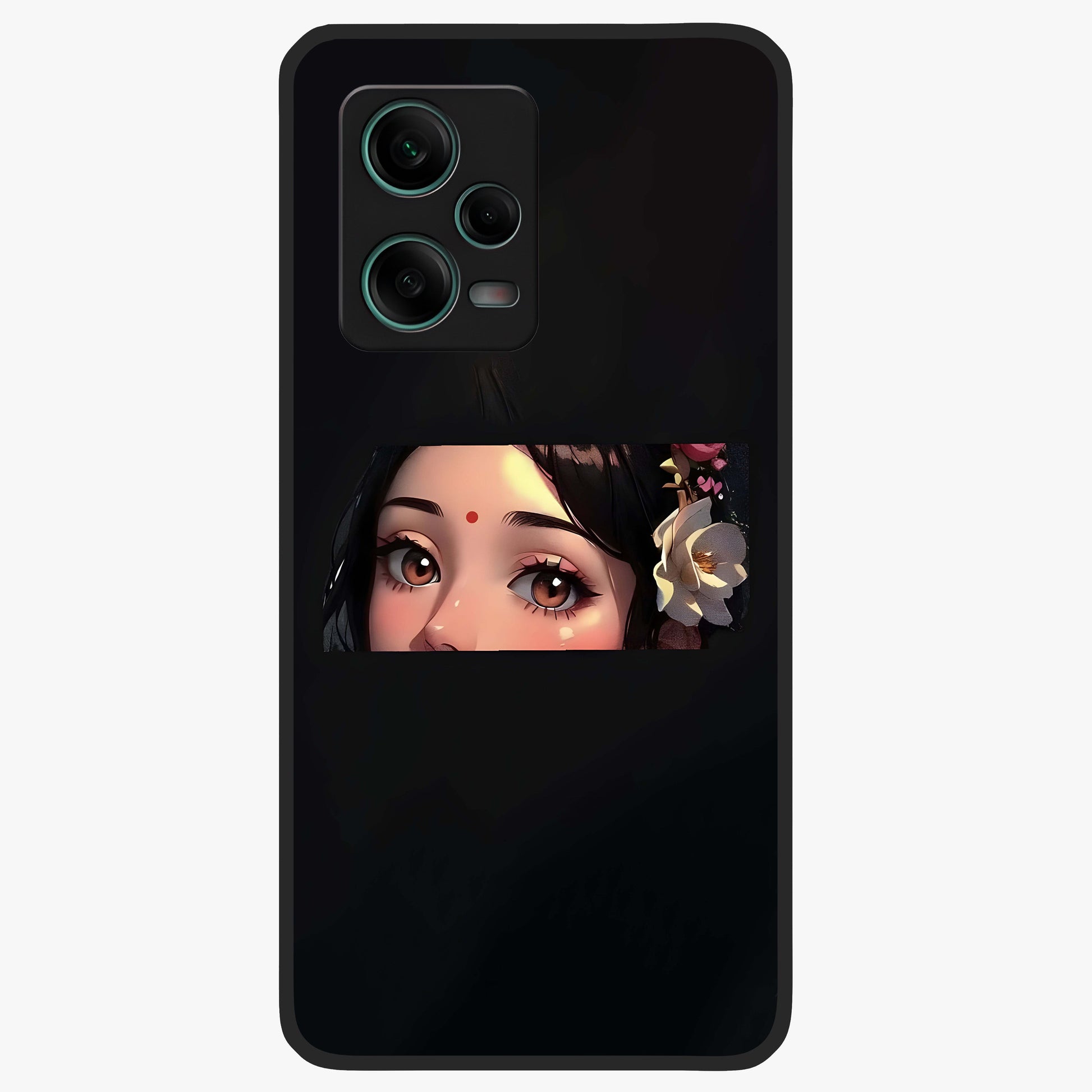 Radha Divine Embrace Glass Case showing flat back view with devotional Radha artwork and glossy glass finish.