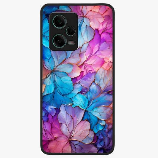 Radiant Floral Whirl Glass Case showing flat back view with swirling floral artwork and glossy glass finish.
