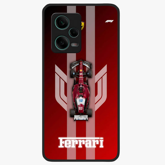Red Ferrari F1 Vertical Glass Case showing flat back view with sleek Formula racing car artwork and glossy glass finish.