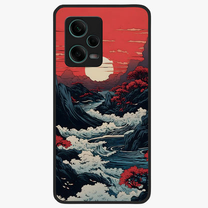 Red Sunset Scenery Glass Case showing flat back view with vibrant sunset landscape artwork and glossy glass finish.