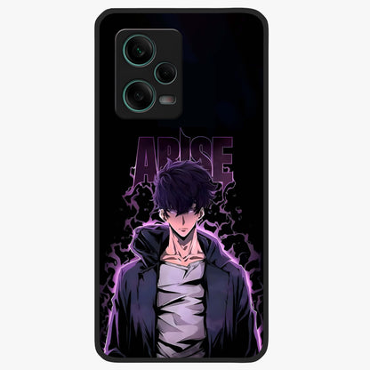 Shadow Monarch Awakening Glass Case showing flat back view with powerful dark monarch themed artwork and glossy glass finish.