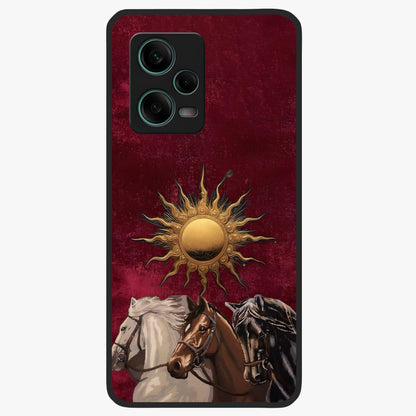 Solar Riders Glass Case showing flat back view with dynamic rider themed artwork and glossy glass finish.