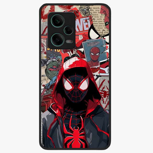 Spider Collage Street Glass Case showing flat back view with vibrant superhero collage artwork and glossy glass finish.