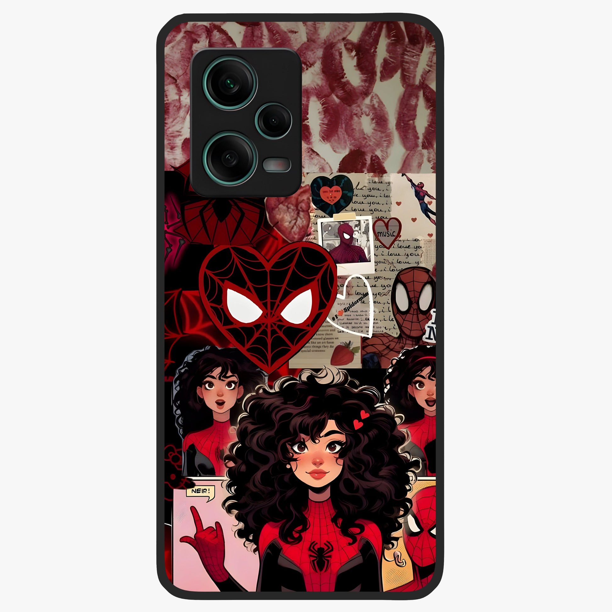 Spider Love Story Glass Case showing flat back view with romantic superhero themed artwork and glossy glass finish.