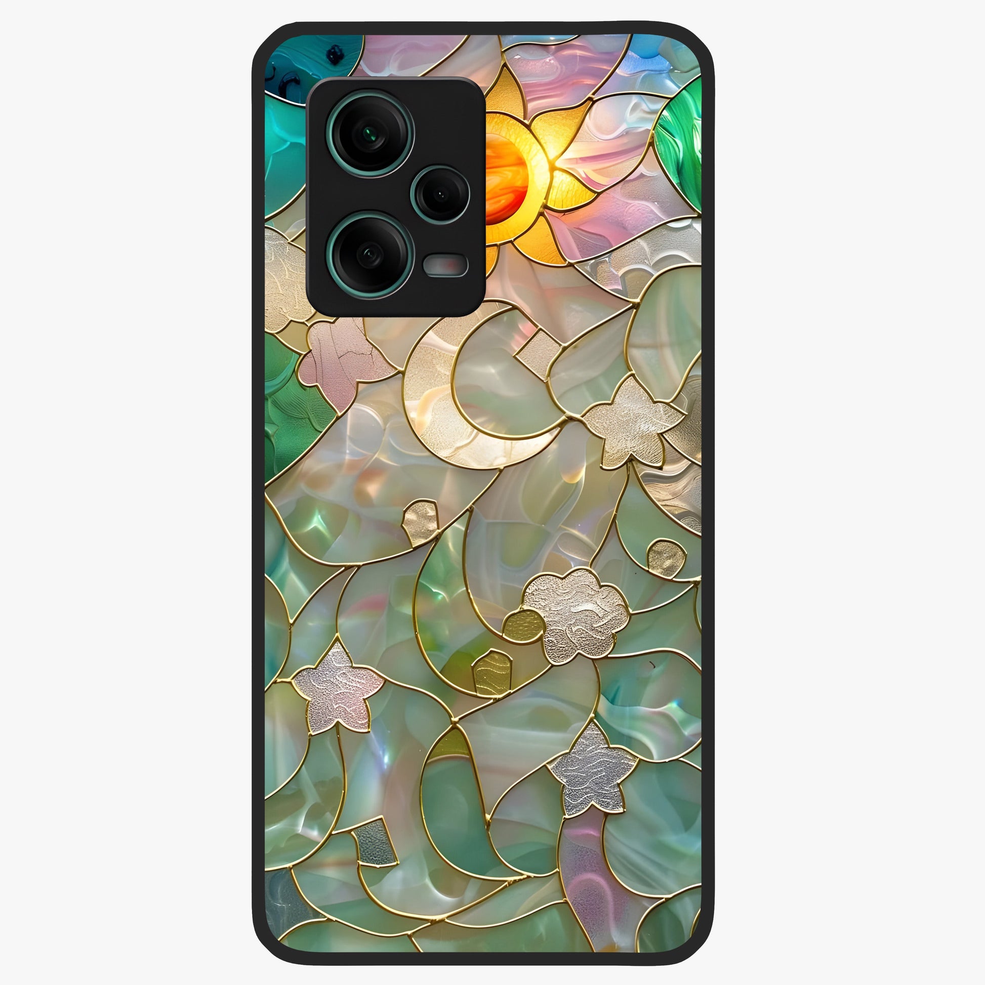 Stained Sunrise Glow Glass Case showing flat back view with glowing sunrise stained pattern artwork and glossy glass finish.