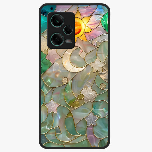Stained Sunrise Glow Glass Case showing flat back view with glowing sunrise stained pattern artwork and glossy glass finish.