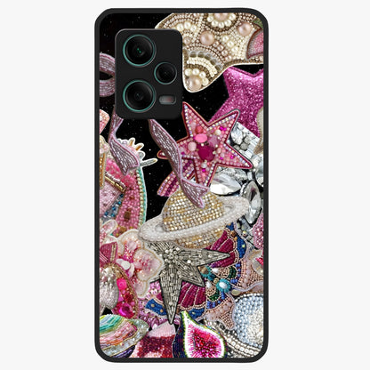 Starlit Jewel Dream Glass Case showing flat back view with sparkling jewel and star themed artwork and glossy glass finish.