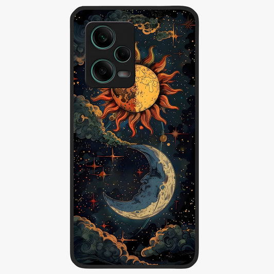 Sun And Moon Magic Design Glass Case showing flat back view with mystical sun and moon artwork and glossy glass finish.