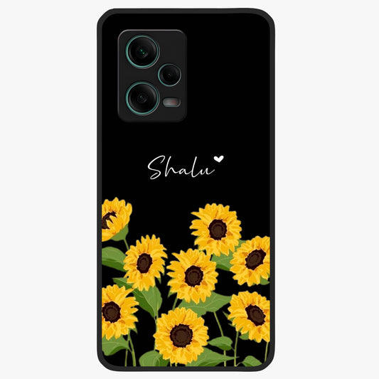 Sunflower Chic Mood Custom Name Glass Case showing flat back view with stylish sunflower artwork and personalized name design.