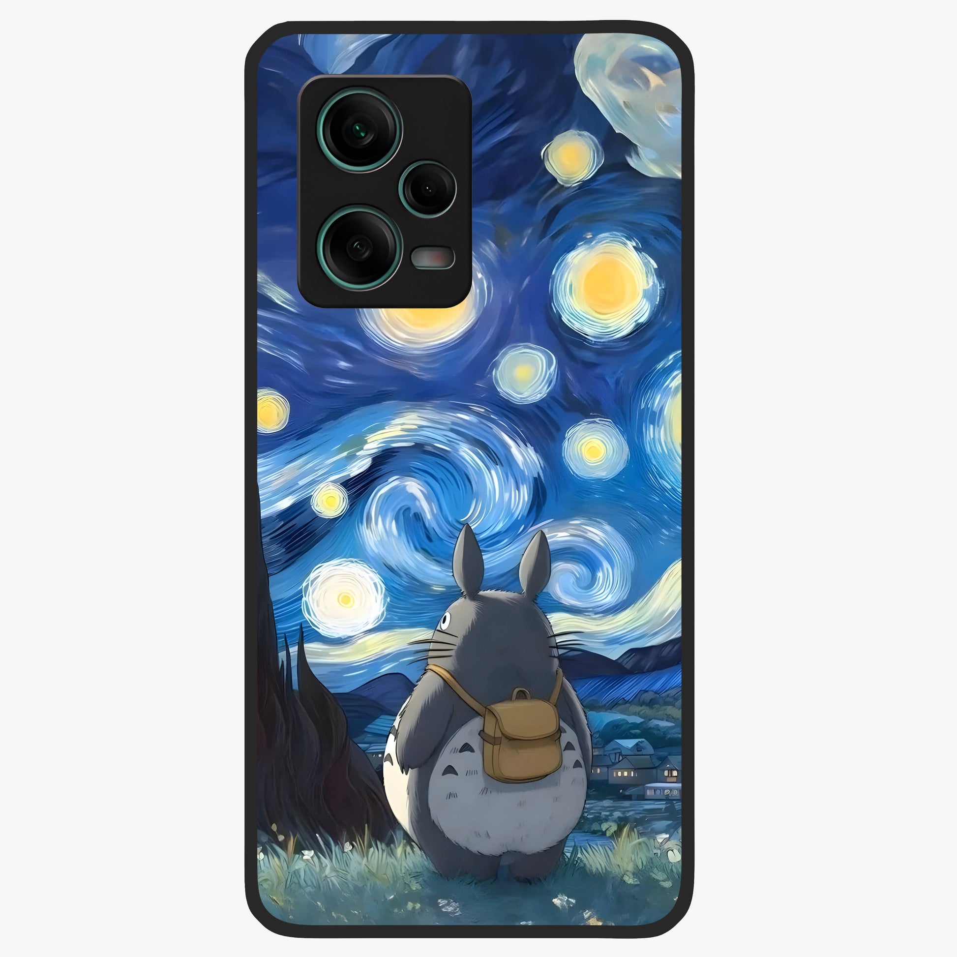 Totoro In Van Gogh Art Glass Case showing flat back view with whimsical character artwork inspired by Van Gogh style and glossy glass finish.