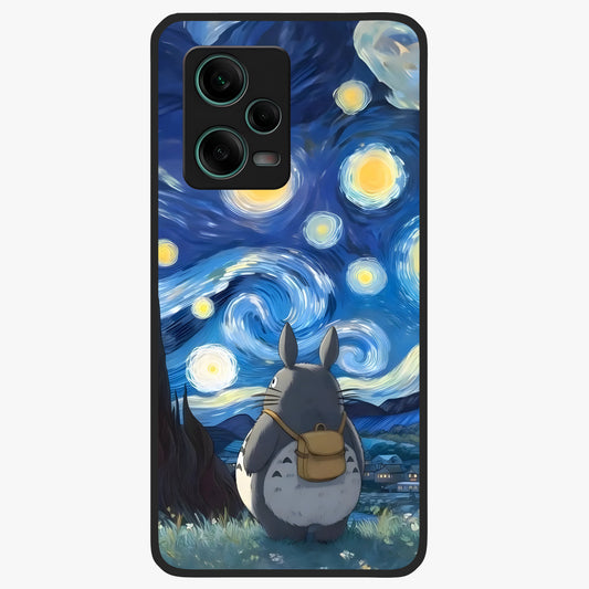 Totoro In Van Gogh Art Glass Case showing flat back view with whimsical character artwork inspired by Van Gogh style and glossy glass finish.