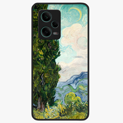 Van Gogh Vintage Art Glass Case showing flat back view with vintage painterly artwork inspired by Van Gogh style and glossy glass finish.