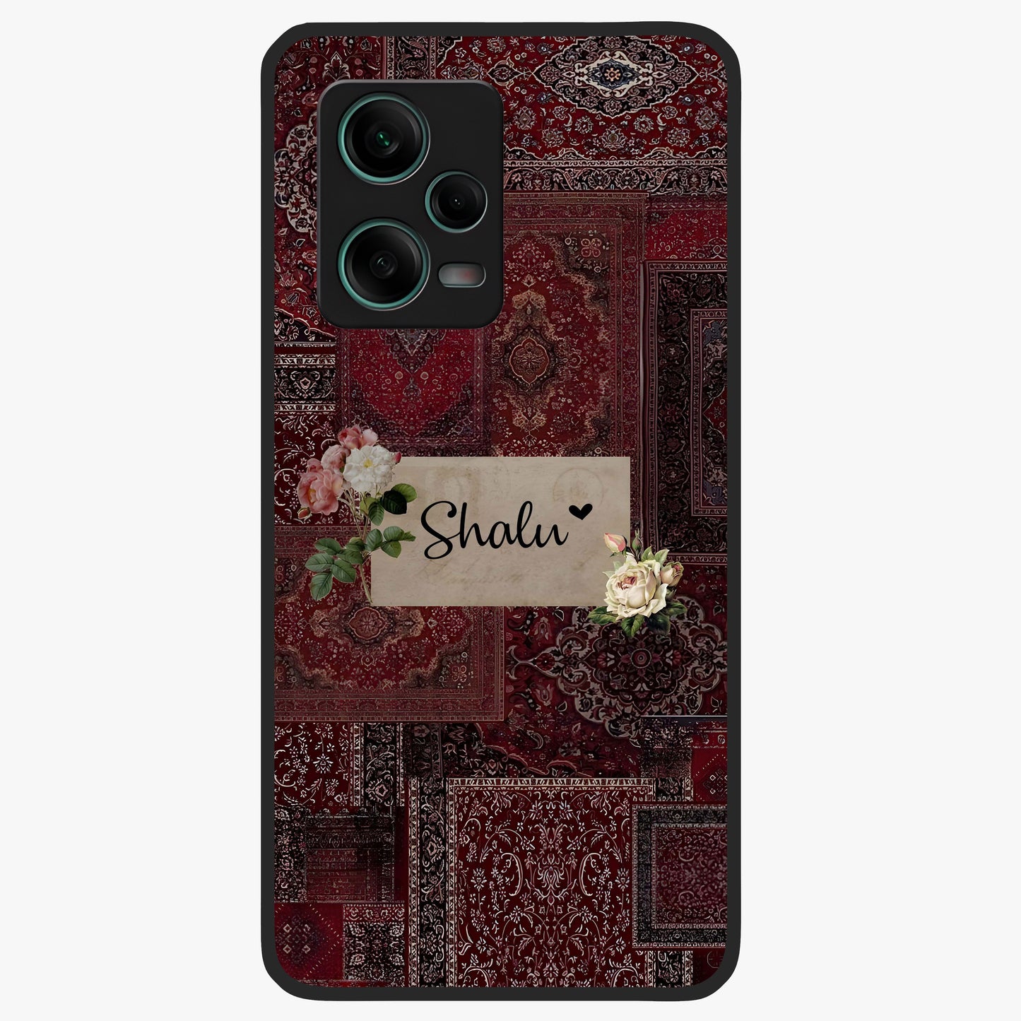 Velvet Wine Pattern Custom Name Glass Case showing flat back view with elegant wine colored pattern artwork and personalized name design.