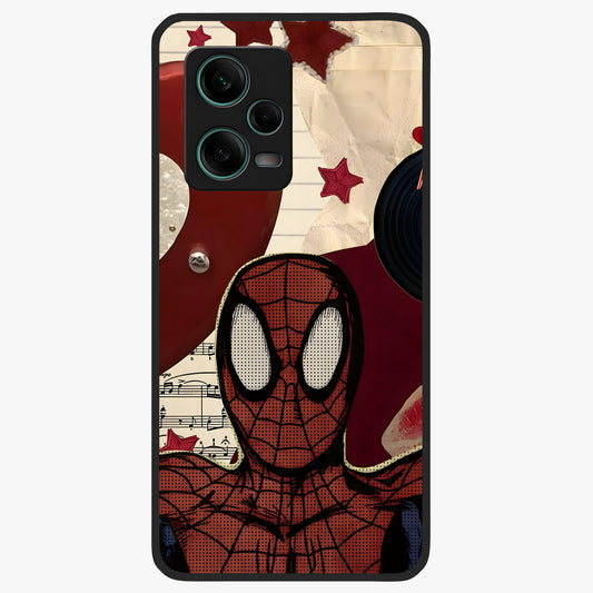 Web Warrior Vibes Glass Case showing flat back view with superhero inspired web themed artwork and glossy glass finish.