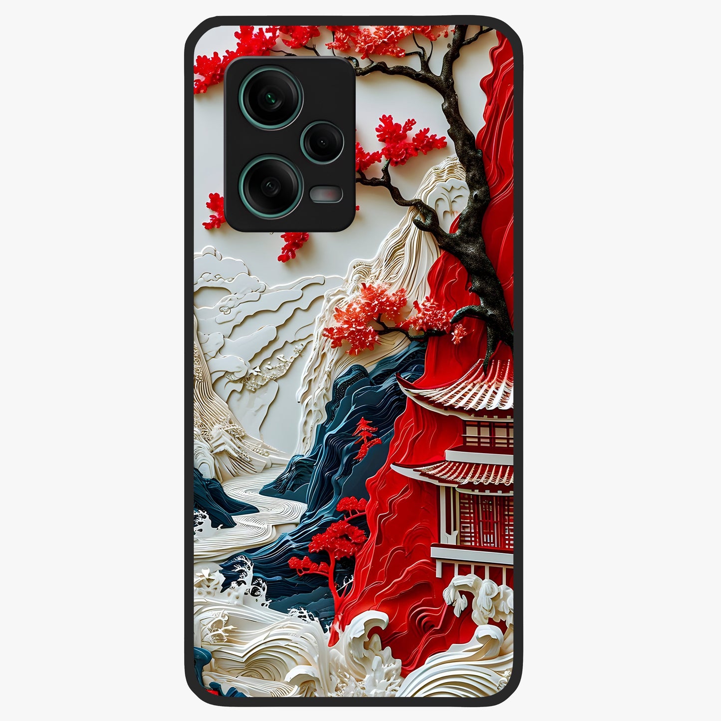 Whispers Of Sakura Waves Glass Case showing flat back view with cherry blossom wave artwork and glossy glass finish.