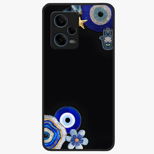 Aesthetic Blue Evil Eye Glass Case showing flat back view with protective evil eye artwork and glossy glass finish.