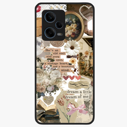 Aesthetic Brown Vintage Collage Glass Case showing flat back view with retro collage artwork and glossy glass finish.